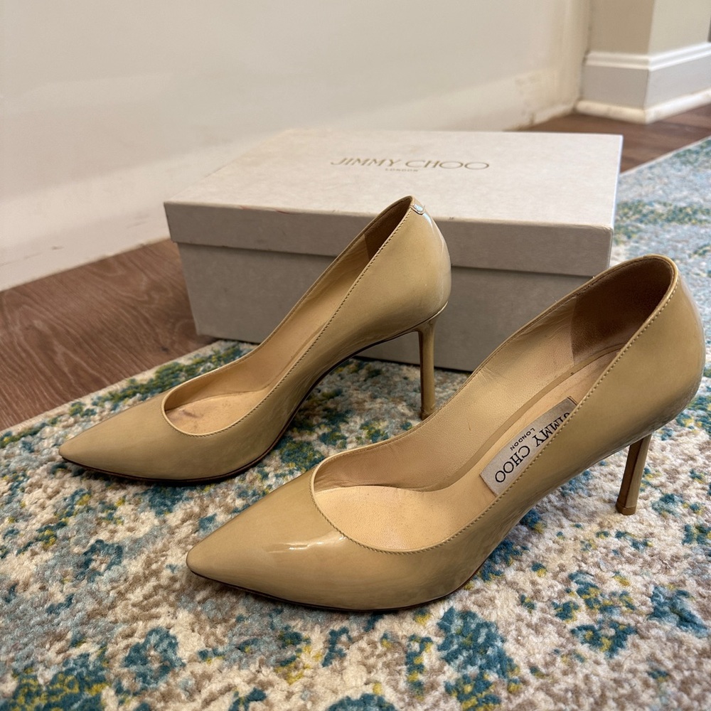 Jimmy Choo Romy 85 Nude Patent Leather Heels